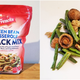 Left: Bag of French's Green Bean Casserole Snack Mix. Right: A handful of snack mix on white background